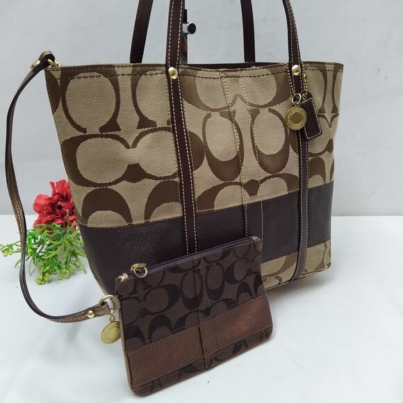 Coach Signature Brown Canvas 65th Ann. Double Handle Zipper Tote Bag W/ Wallet - Picture 2 of 16
